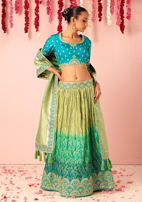 Teal Blue And Green Embroidered Lehenga Set With Blouse And Brocade Dupatta