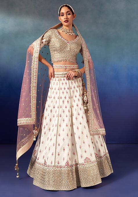 White Sequin Embroidered Bridal Lehenga And Blouse Set With Contrast Dupatta And Belt