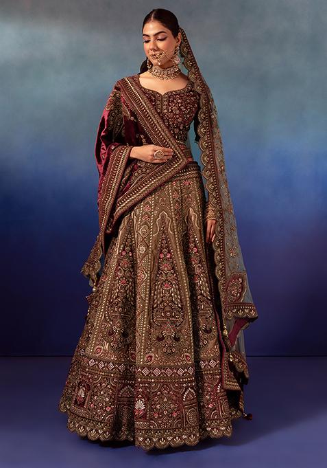Maroon Sequin Embroidered Velvet Bridal Lehenga And Blouse Set With Dupattas And Belt