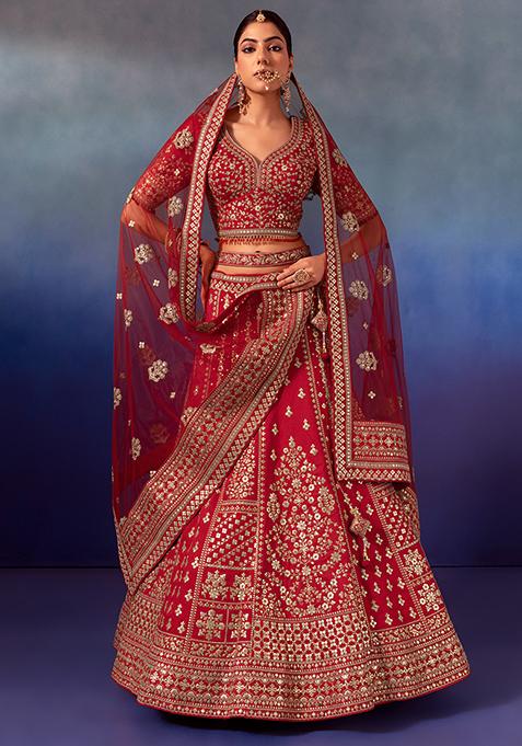 Red Sequin Embroidered Silk Bridal Lehenga And Blouse Set With Dupatta And Belt