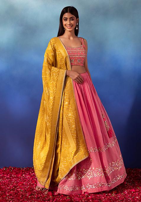 Peach Abstract Sequin Embroidered Lehenga Set With Blouse And Contrast Dupatta