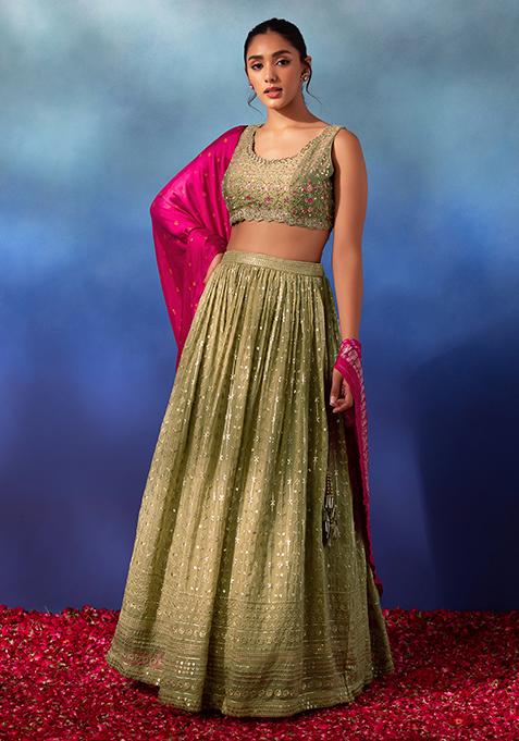 Fern Green Zari And Thread Embroidered Lehenga Set With Blouse And Contrast Dupatta