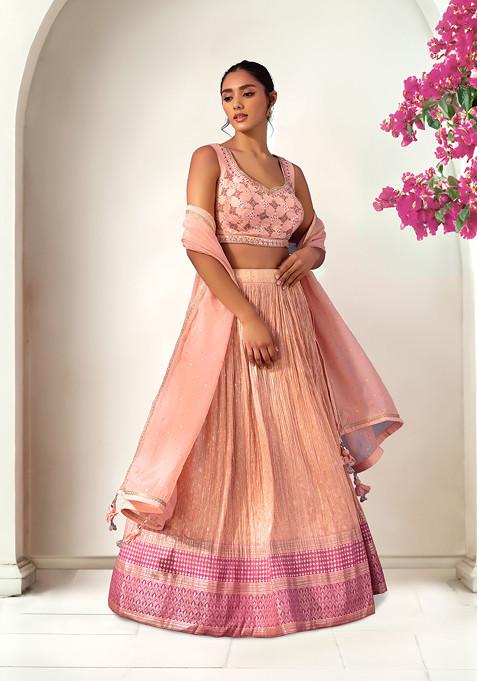 Pastel Pink Brocade Lehenga Set With Embroidered Blouse And Dupatta