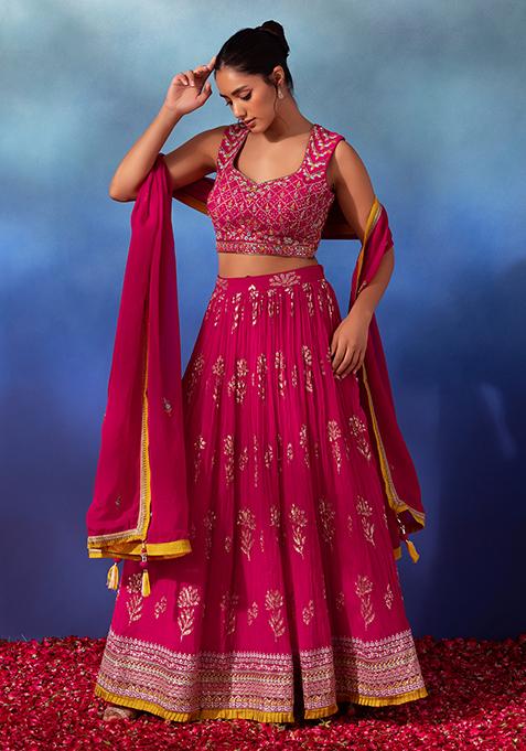 Dark Pink Floral Sequin Embroidered Lehenga Set With Blouse And Organza Dupatta