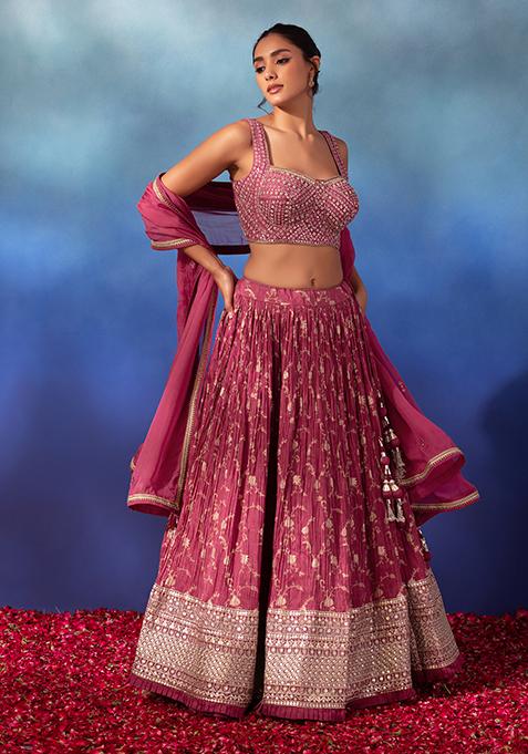 Pink Floral Embroidered Lehenga Set With Mirror Embroidered Blouse And Dupatta