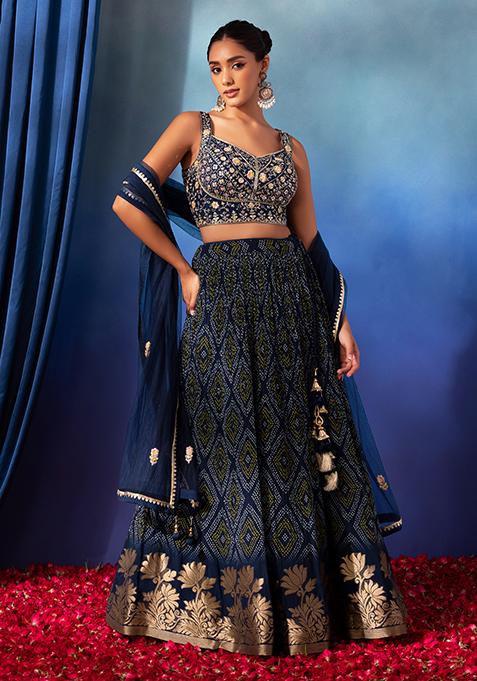 Navy Bandhani Print Lehenga Set With Floral Embroidered Blouse And Dupatta
