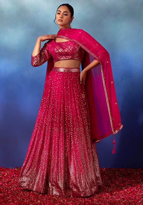 Fuschia Pink Sequin Embroidered Lehenga Set With Blouse And Dupatta