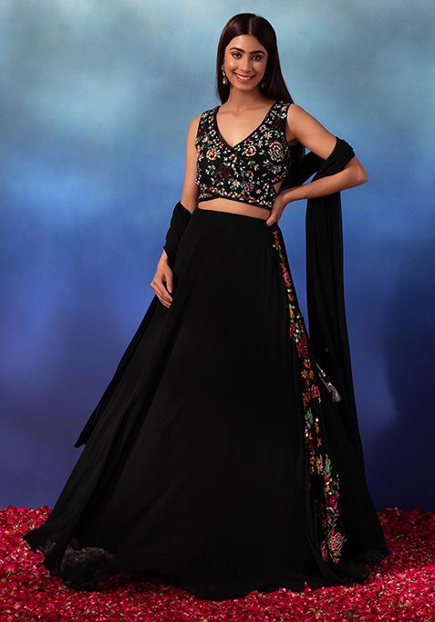 Black Lehenga Set With Floral Thread Embroidered Blouse And Dupatta
