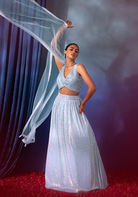 Pastel Blue Hologram Sequin Lehenga Set With Embroidered Blouse And Dupatta