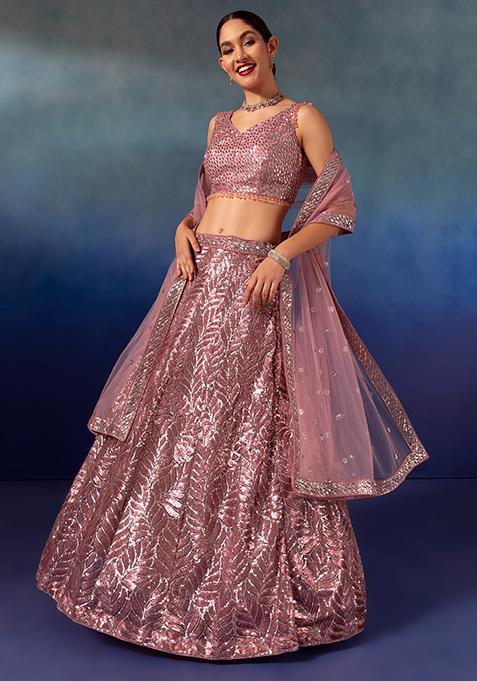 Old Rose Sequin Leaf Embroidered Lehenga Set With Embroidered Blouse And Dupatta