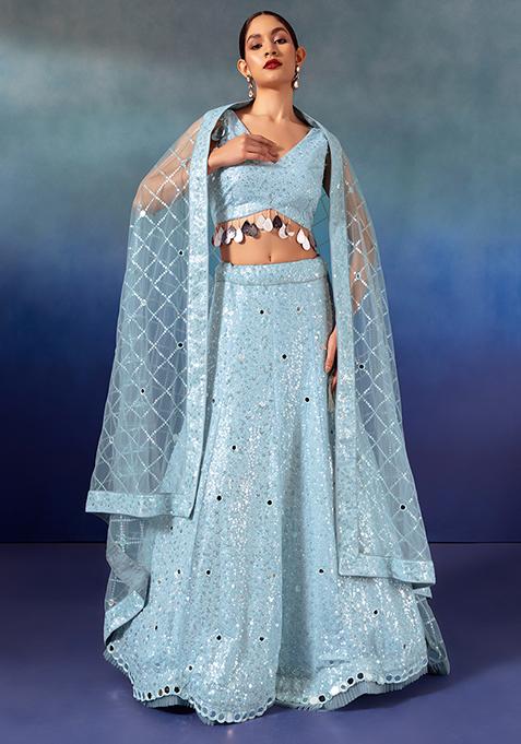 Powder Blue Sequin And Mirror Embroidered Lehenga Set With Blouse And Dupatta