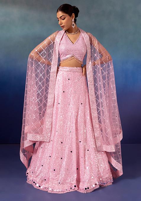 Powder Pink Sequin And Mirror Embroidered Lehenga Set With Blouse And Dupatta