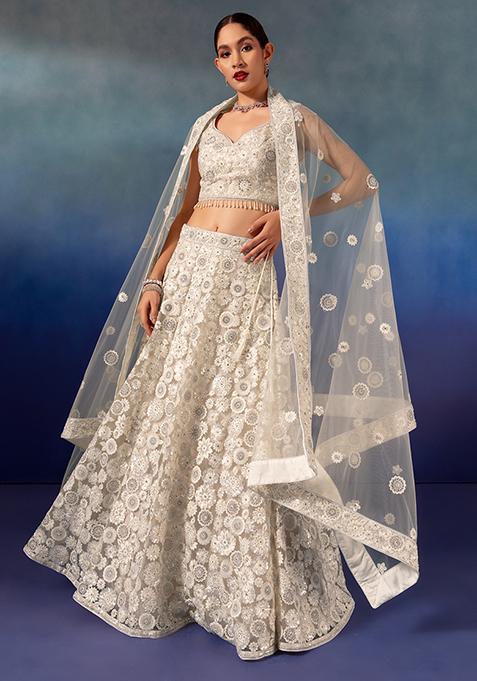White Floral Sequin Embroidered Lehenga Set With Embroidered Blouse And Dupatta