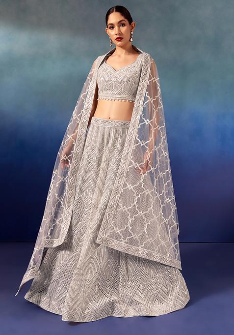 Light Purple Geometric Sequin Embroidered Lehenga Set With Embroidered Blouse And Dupatta