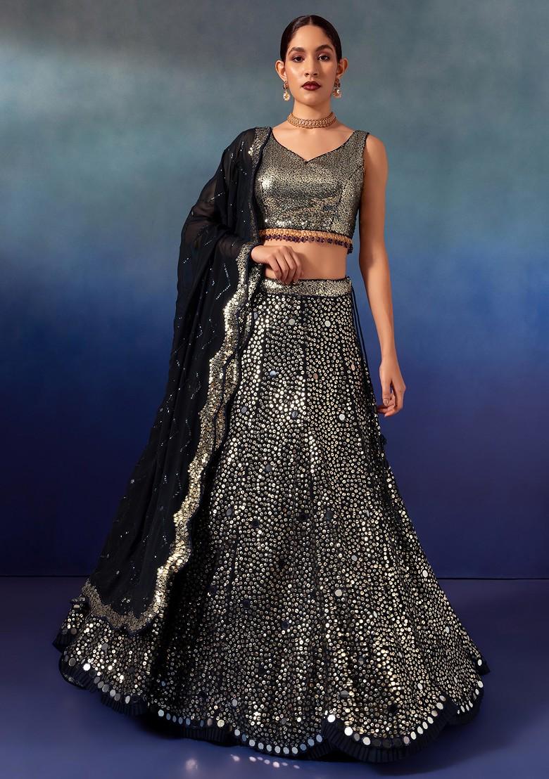 Black Sequin And Mirror Embroidered Lehenga Set With Sequin Blouse And Dupatta - Indya