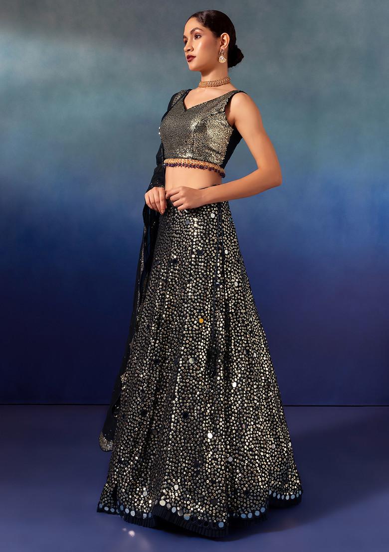 Black Sequin And Mirror Embroidered Lehenga Set With Sequin Blouse And Dupatta - Indya