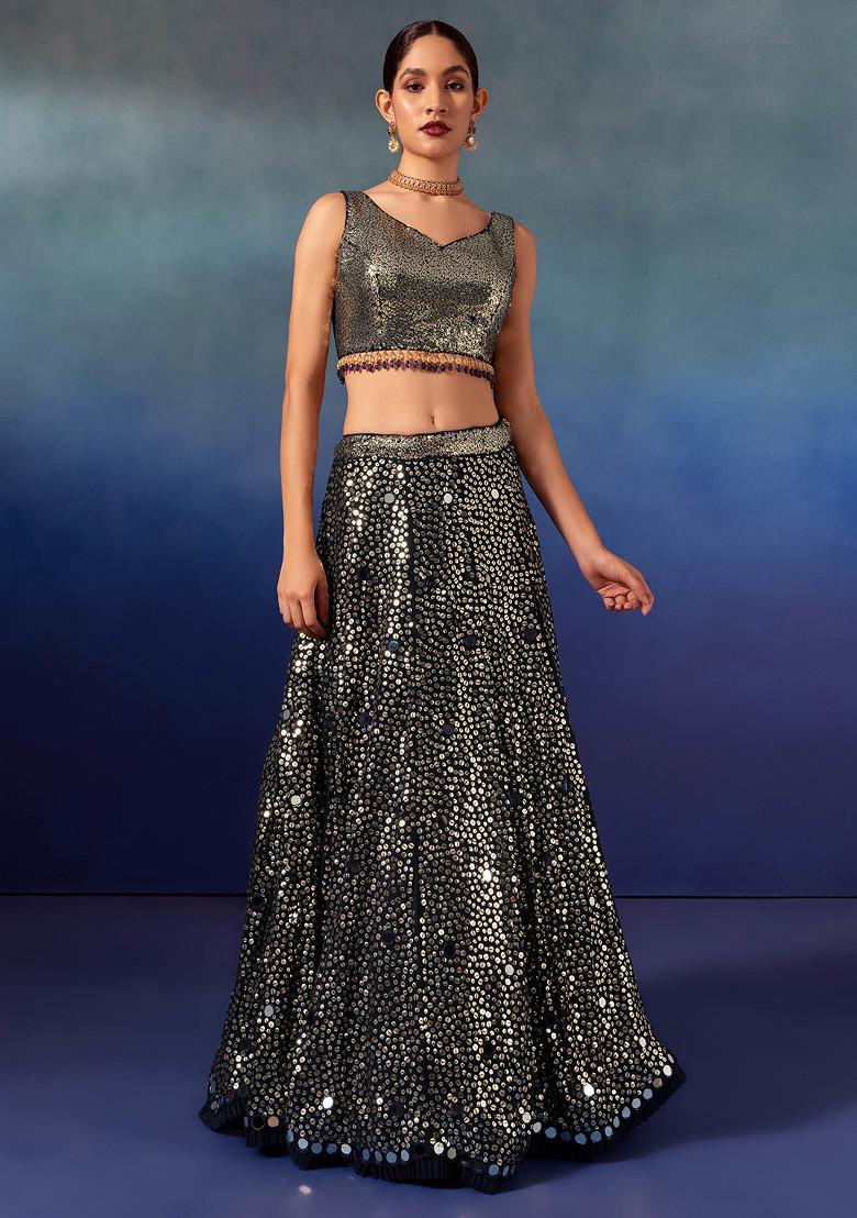 Black Sequin And Mirror Embroidered Lehenga Set With Sequin Blouse And Dupatta - Indya