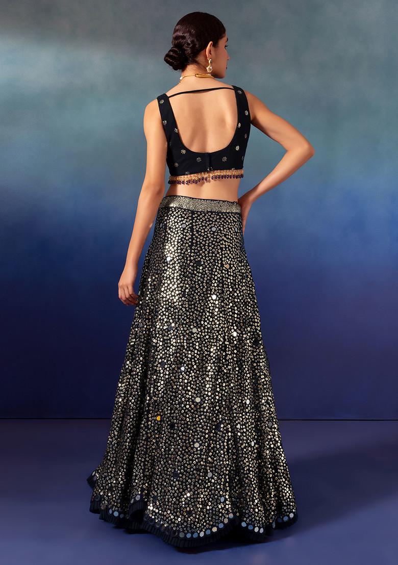 Black Sequin And Mirror Embroidered Lehenga Set With Sequin Blouse And Dupatta - Indya