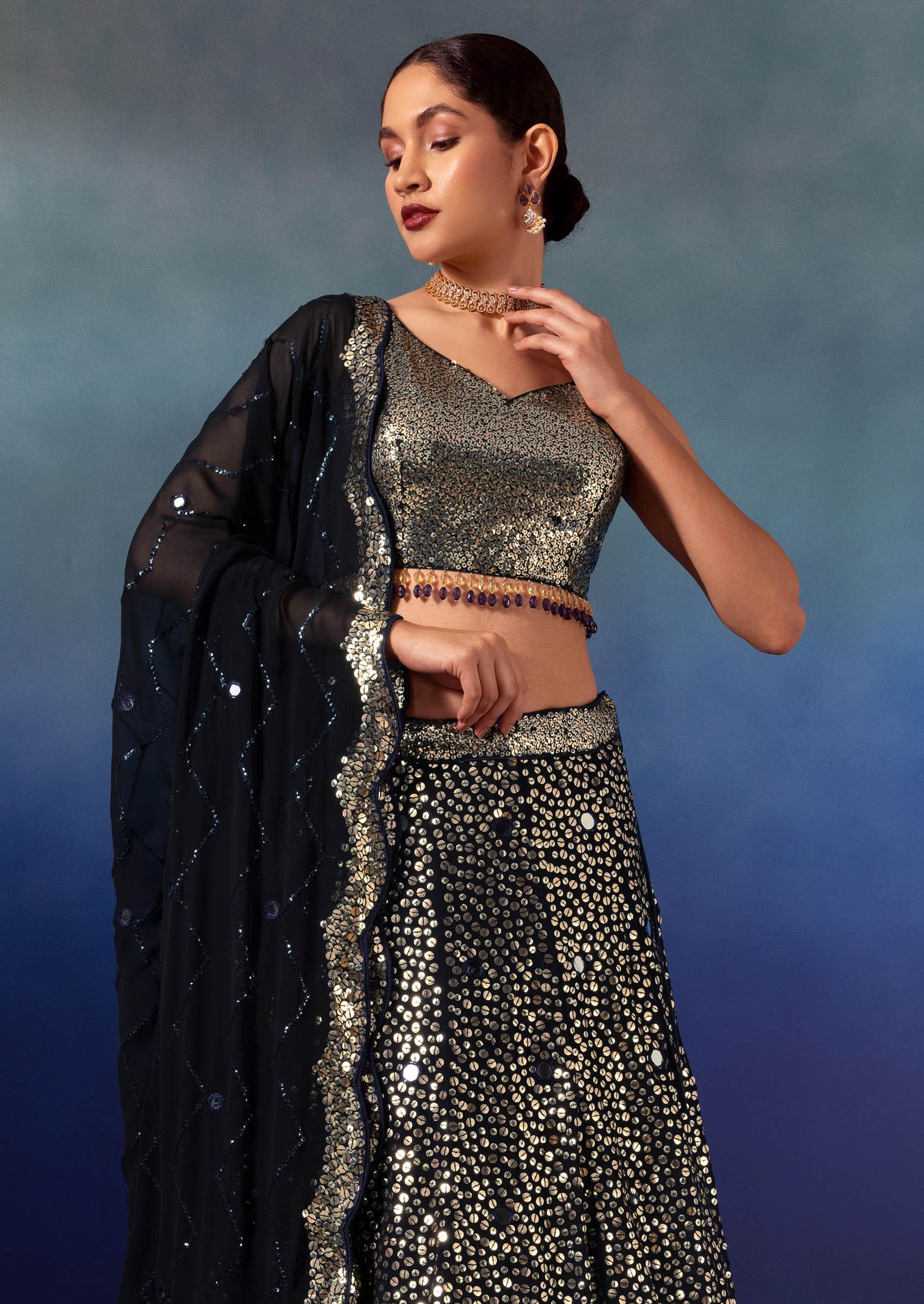 Black Sequin And Mirror Embroidered Lehenga Set With Sequin Blouse And Dupatta - Indya