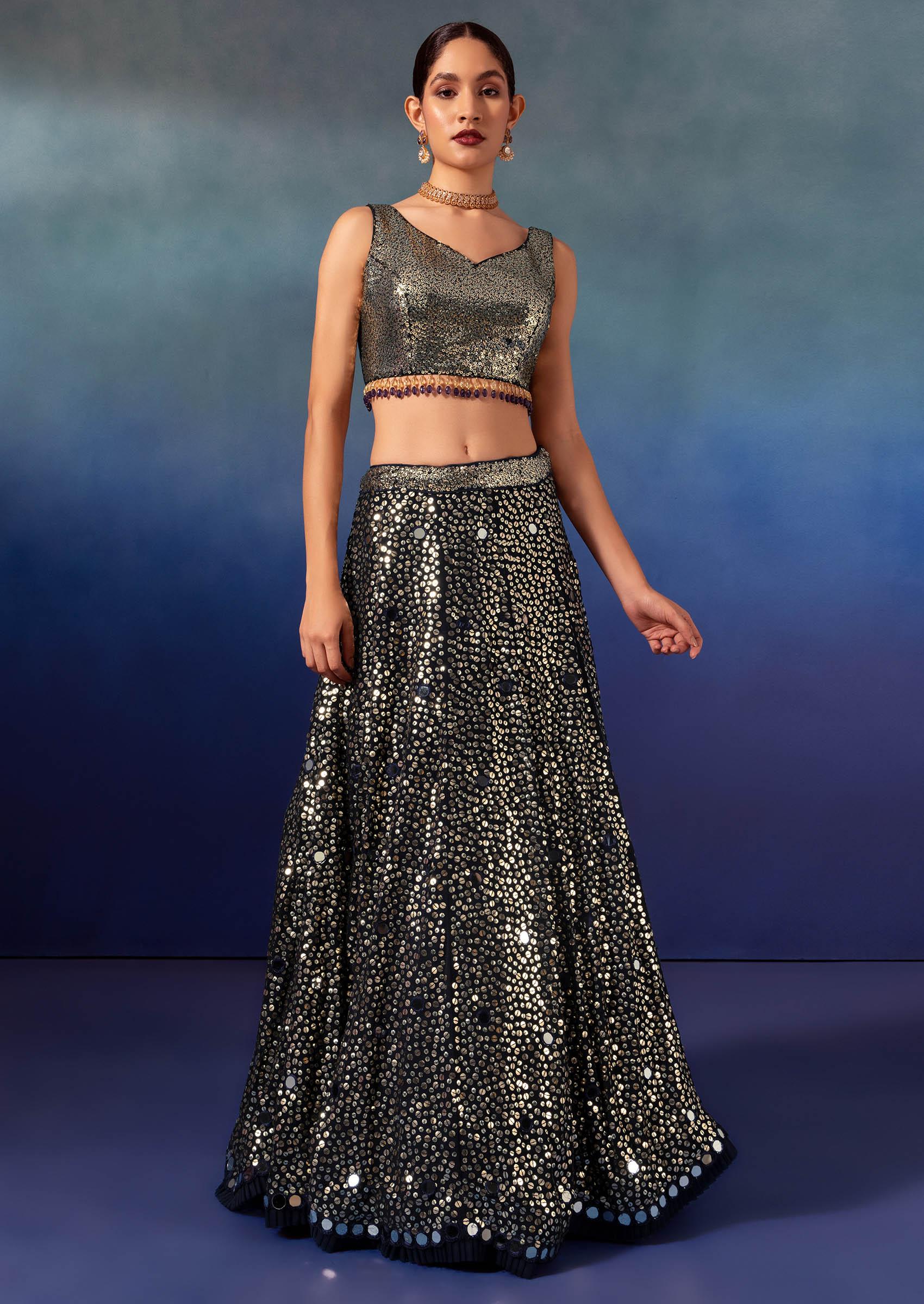 Black Sequin And Mirror Embroidered Lehenga Set With Sequin Blouse And Dupatta - Indya