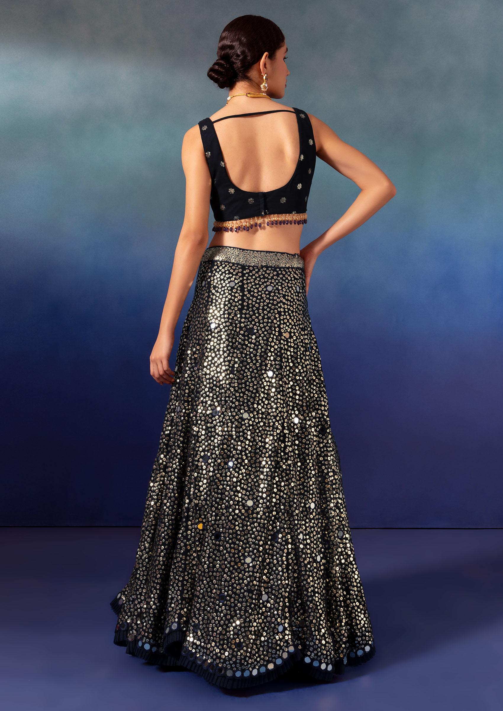 Black Sequin And Mirror Embroidered Lehenga Set With Sequin Blouse And Dupatta - Indya