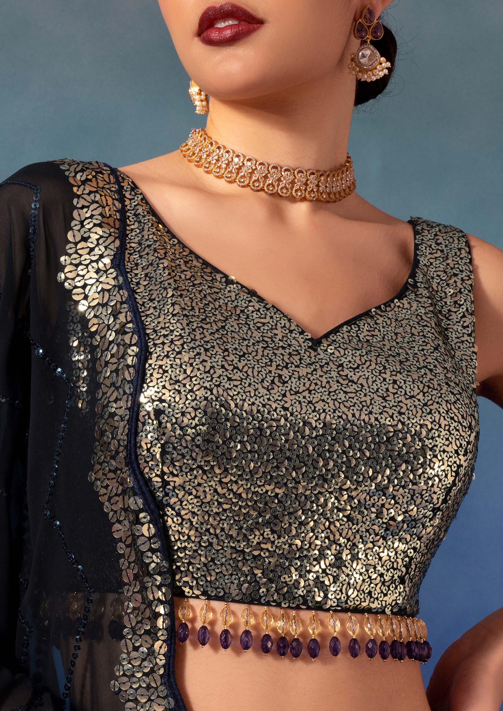 Black Sequin And Mirror Embroidered Lehenga Set With Sequin Blouse And Dupatta - Indya