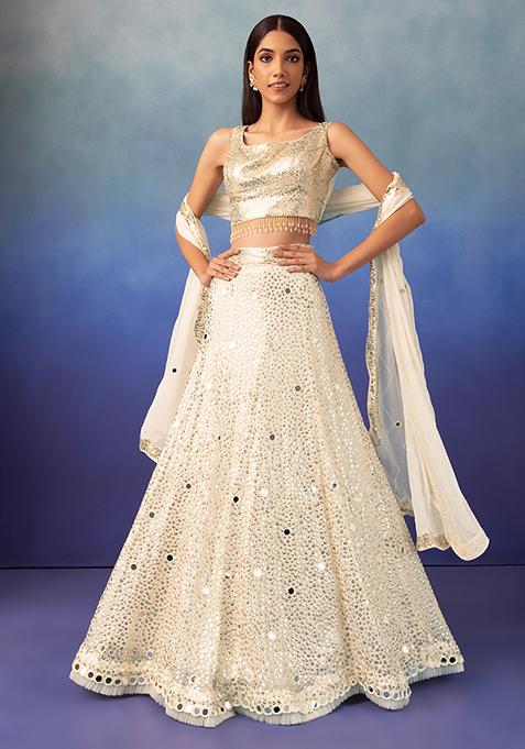 Ivory Sequin And Mirror Embroidered Lehenga Set With Sequin Blouse And Dupatta