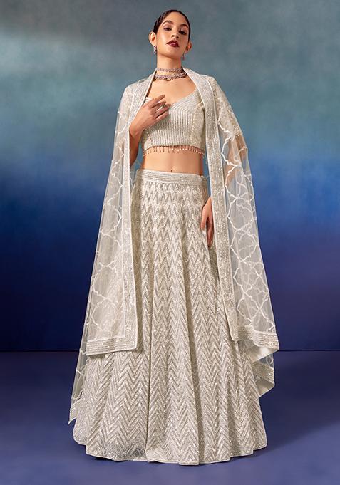 Ivory Chevron Sequin Embroidered Lehenga Set With Embroidered Blouse And Dupatta