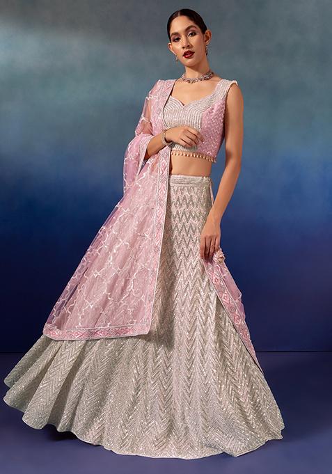 Pink Chevron Sequin Embroidered Lehenga Set With Embroidered Blouse And Dupatta