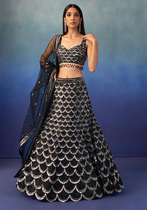 Black Scallop Sequin Embroidered Lehenga Set With Embroidered Blouse And Dupatta