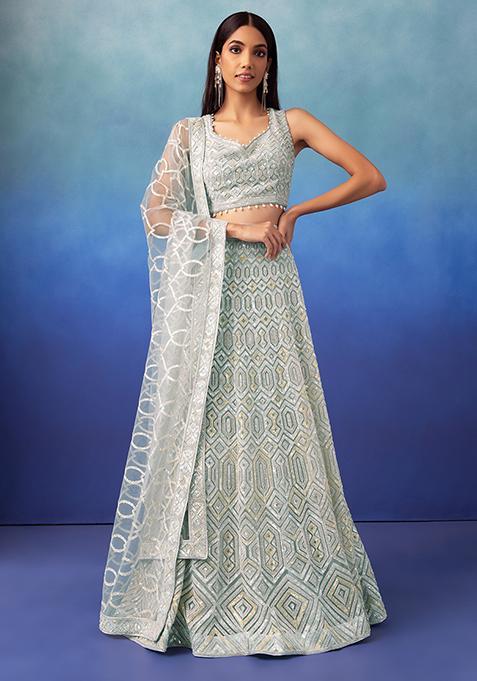 Light Blue Geometric Sequin Embroidered Lehenga Set With Embroidered Blouse And Dupatta