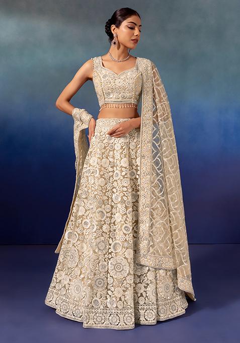Ivory Floral Sequin Embroidered Lehenga Set With Embroidered Blouse And Dupatta