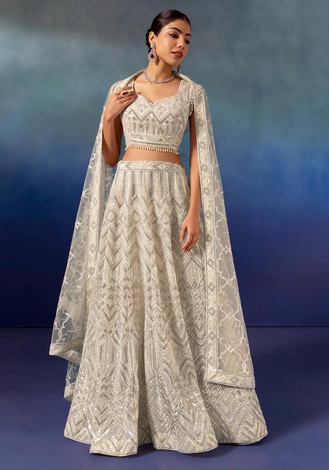 White Geometric Sequin Embroidered Mesh Lehenga Set With Embroidered Blouse And Dupatta