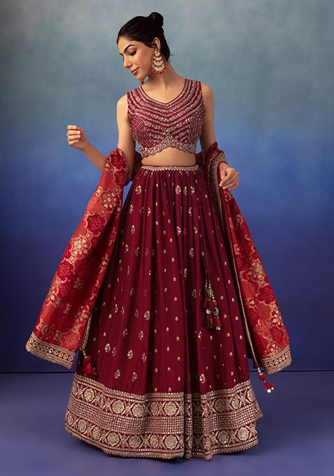 Maroon Floral Zari Embroidered Lehenga Set With Blouse And Dupatta