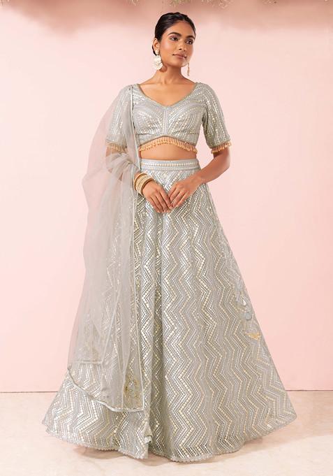 Grey Chevron Sequin Embroidered Lehenga Set With Embroidered Blouse And Dupatta