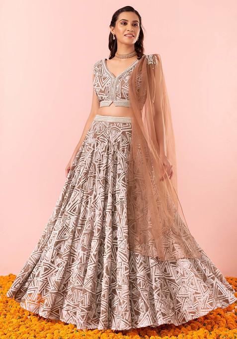 Brown And White Geometric Sequin Embroidered Lehenga Set With Blouse And Attached Drape
