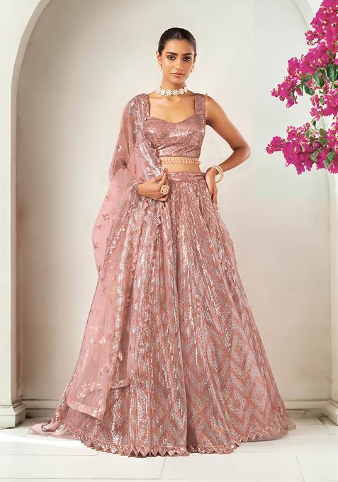 Peach Sequin Embroidered Lehenga Set With Embroidered Blouse And Mesh Dupatta