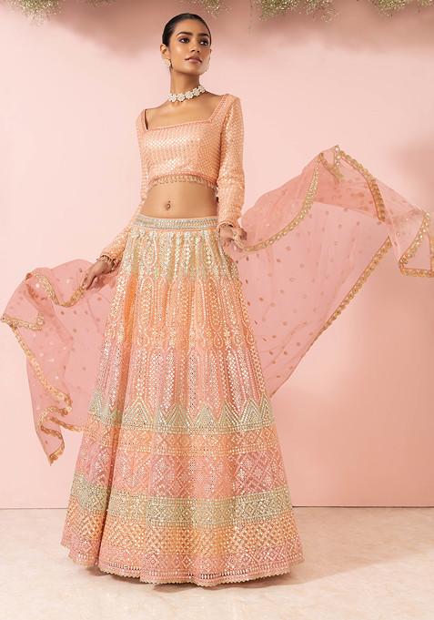 Peach Mirror And Gota Embroidered Lehenga Set With Embroidered Blouse And Dupatta