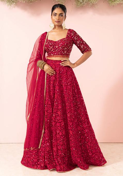 Red Floral Embroidered Mesh Lehenga Set With Embroidered Blouse And Dupatta