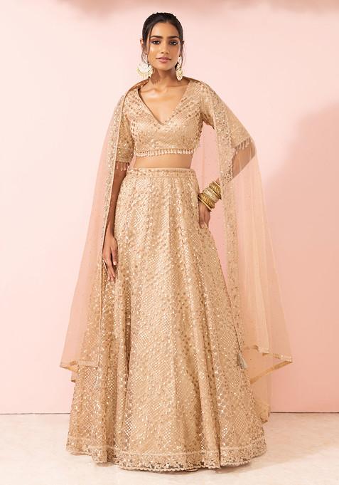Gold Tonal Sequin Embroidered Lehenga Set With Embroidered Blouse And Mesh Dupatta