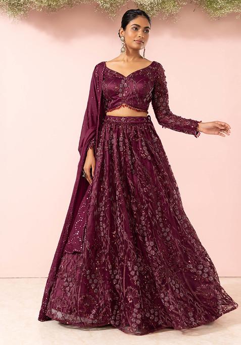 Maroon Abstract Floral Embroidered Lehenga Set With Embroidered Blouse And Dupatta