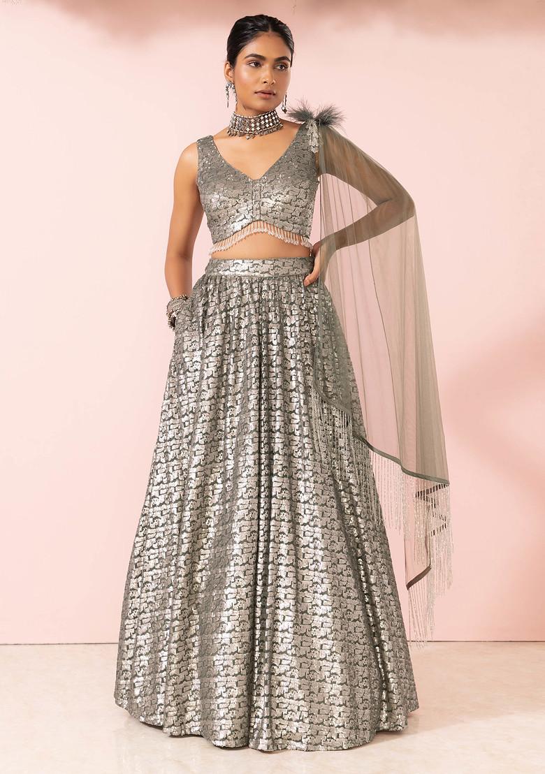 Buy Women Grey Abstract Sequin Embroidered Mesh Lehenga Set With