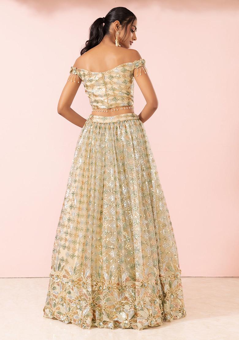 Buy Blue Organza Embroidered Floral V Lehenga And Off Shoulder Blouse Set  For Women by Disha Muchhala Online at Aza Fashions.