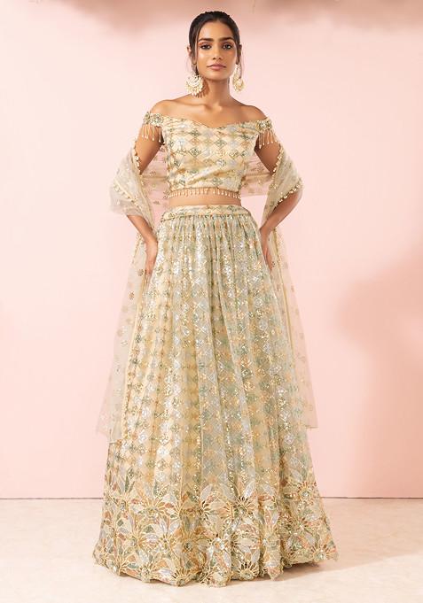 Ivory Sequin Grid Embroidered Lehenga Set With Off Shoulder Blouse And Dupatta