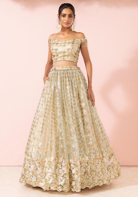 Multicolour Floral Printed And Embroidered Ivory Top With Matching Lehenga And Dupatta main image 0