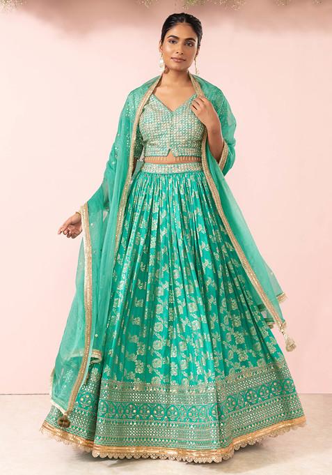 Turquoise Green Sequin Embroidered Brocade Lehenga Set With Blouse And Dupatta