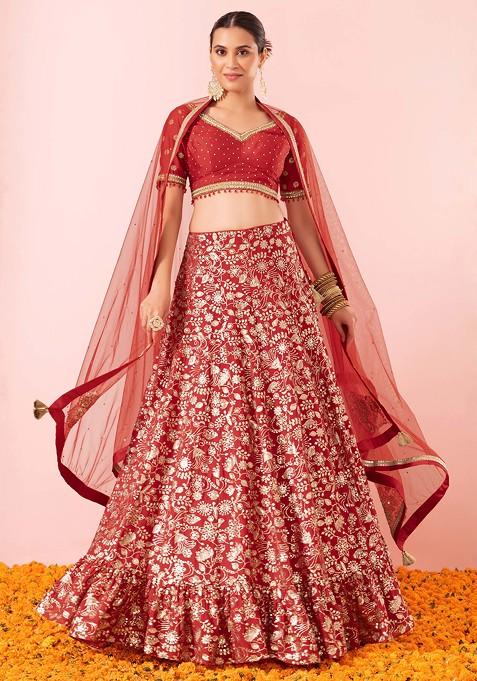 Red Floral Sequin Embroidered Lehenga Set With Hand Embroidered Blouse And Dupatta