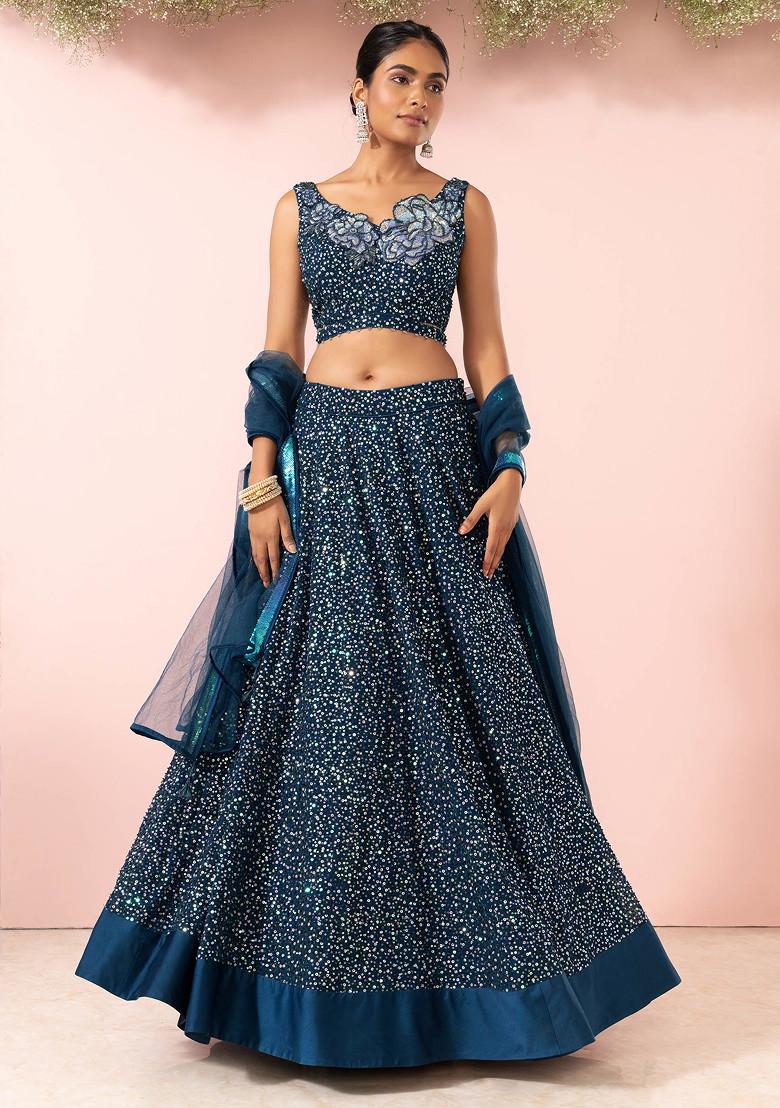 Buy Women Teal Unicorn Sequin Embroidered Lehenga Set With Blouse And ...