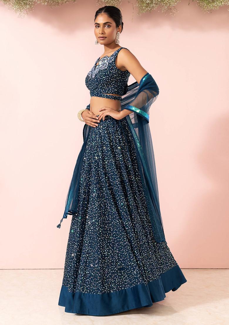 Buy Women Teal Unicorn Sequin Embroidered Lehenga Set With Blouse And ...