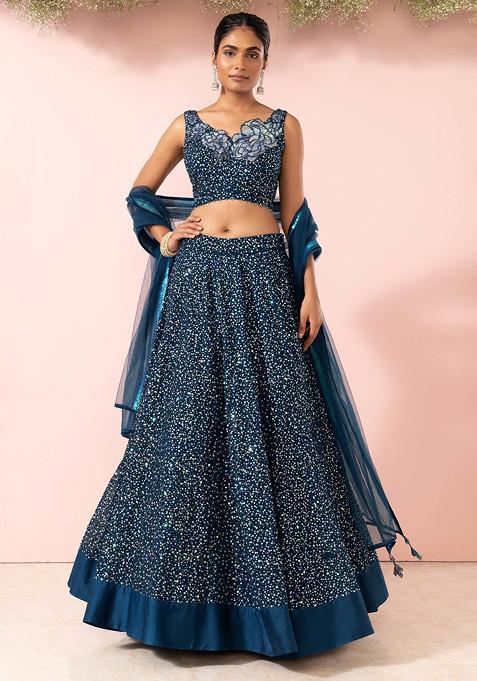 Teal Unicorn Sequin Embroidered Lehenga Set With Blouse And Dupatta